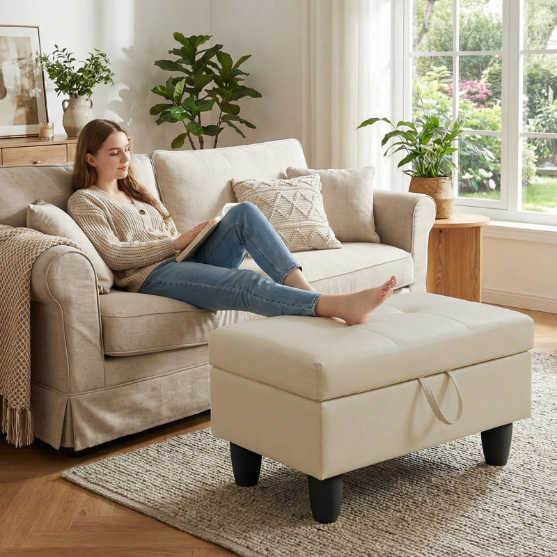 Rectangular Storage Ottoman Bench With Hinged Lid, Faux Leather Footrest For Living Room, Bedroom, Entryway, White, 28.5"X19"X17.5"