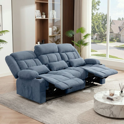 Canapé inclinable bleu de 84 pouces à 3 places avec deux fauteuils inclinables manuels et porte-gobelets