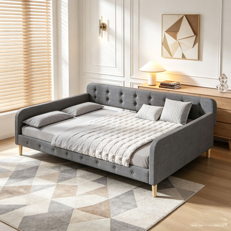 Lit de jour rembourré avec 4 pieds de soutien, Grand lit, Gris