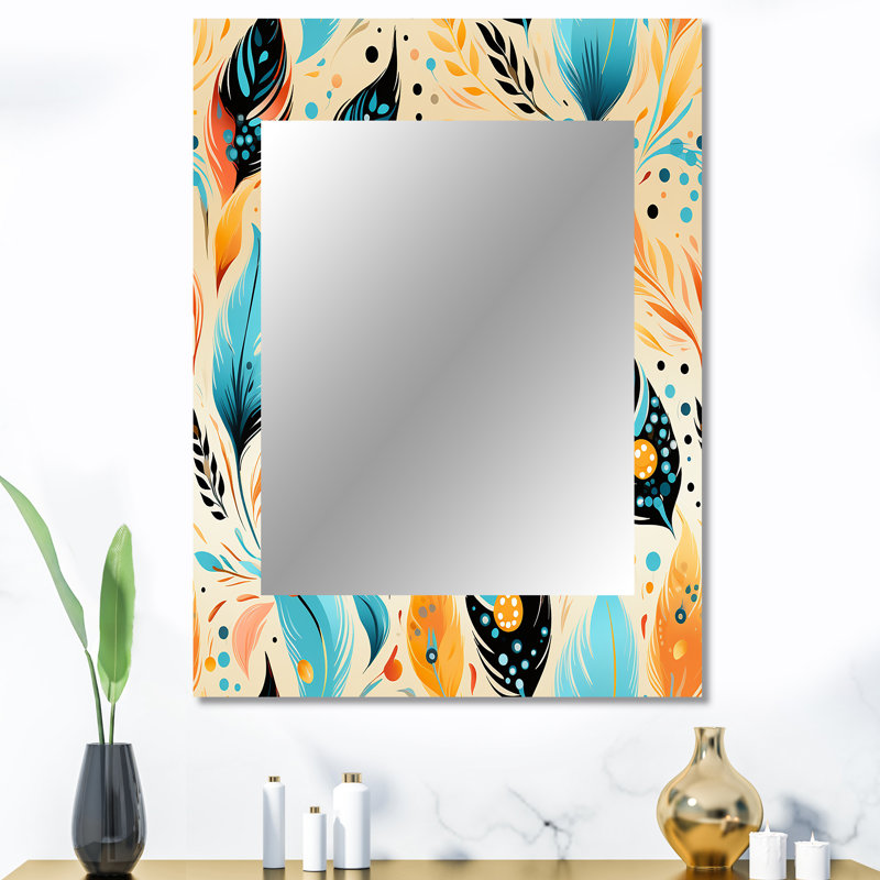 Jaune et bleu éclectique plume de Boho - miroir mural unique boho, 40 po x 30 po
