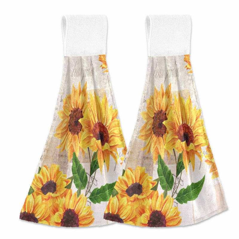 Sunflower Bliss Vintage Hanging Kitchen Towels - Absorbent Floral Hand Towels for Kitchen, Bathroom, Laundry Room - Set of 2, 12 x 17 Inches