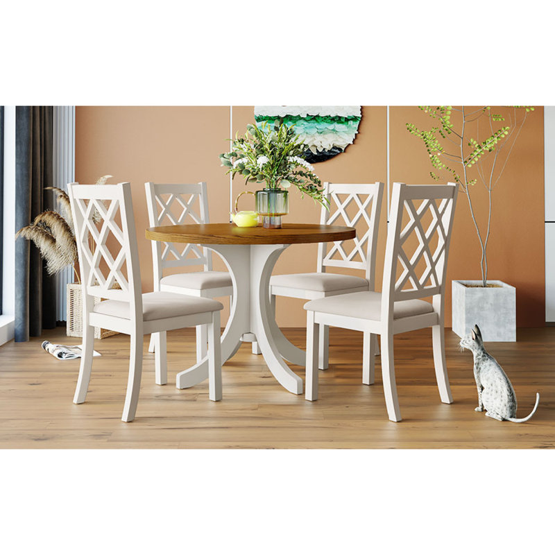 Ensemble de table de salle à manger 5 pièces Mid-Century en bois massif rond, ensemble de table de cuisine avec chaises rembourrées pour petits espaces, table en noyer et chaise beige (ancien sku: SH000226AAD)