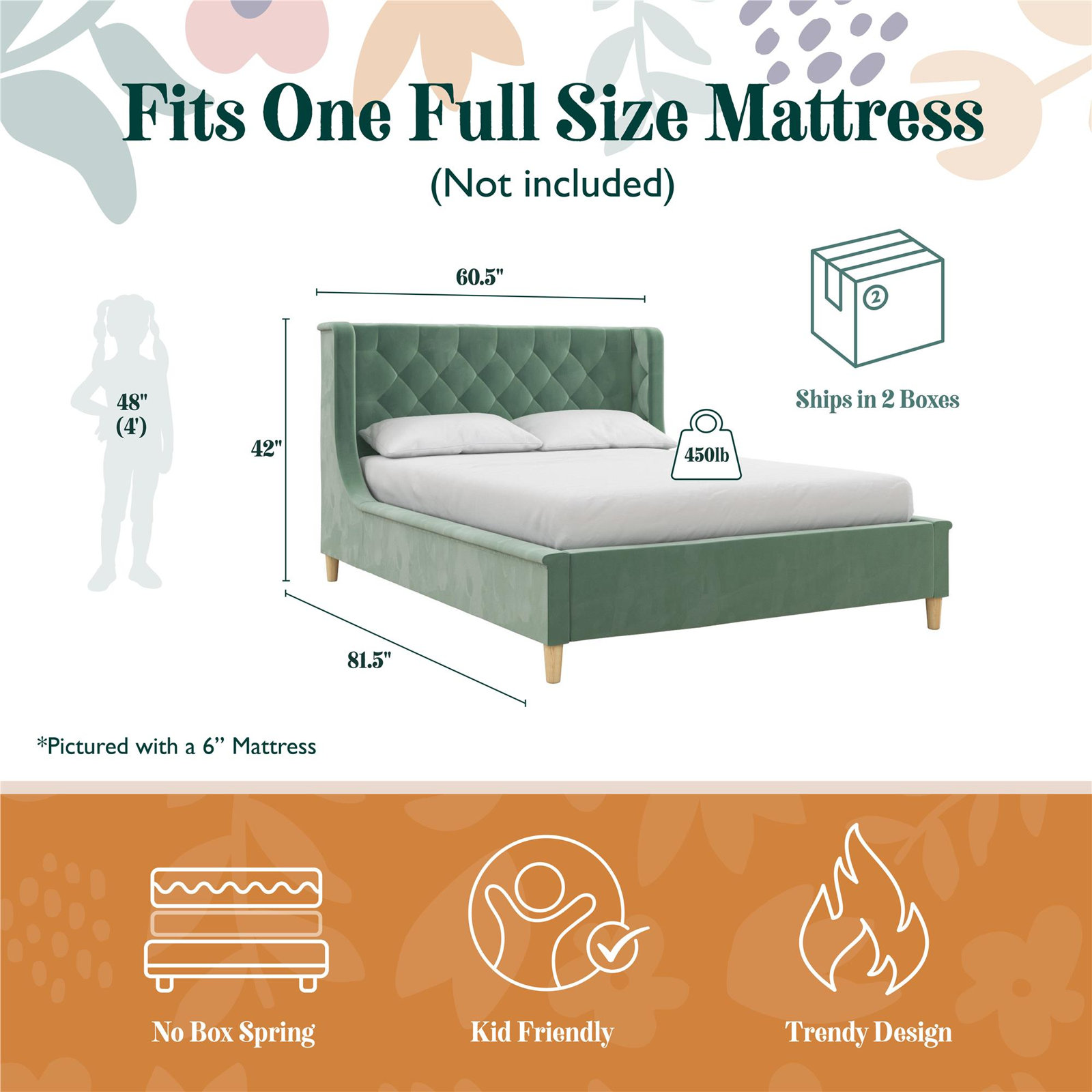 Ambrosia Full Platform Bed, Pink, Full