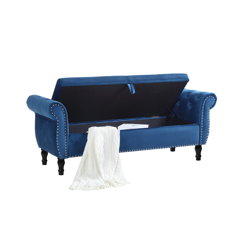 Aijia 63" Velvet Multifunctional Storage Bench Rectangular Sofa Stool Buttons Tufted Nailhead Trimmed Ottoman Solid Wood Legs With 1 Pillow,