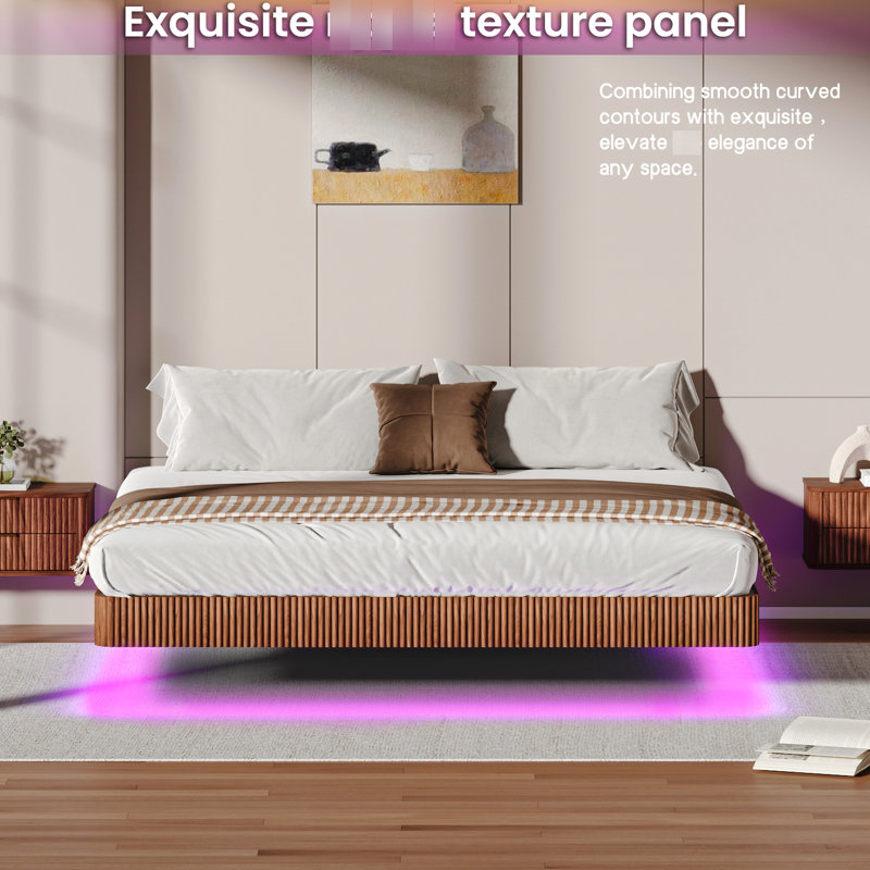 Floating Bed Frame Of King Size With Walnut Shade And Led Lights For Ambiance Creation, Wave - Shaped Wood Texture, Metal Slats Support, No Box Spring Setup, Invisible Suspension Design Concept,