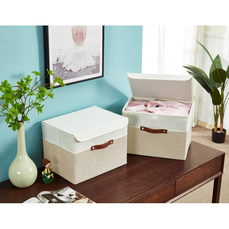 Foldable Lidded Storage Bin Collapsible Sturdy Cationic Fabric Storage Basket Cube Handles, Beige/White