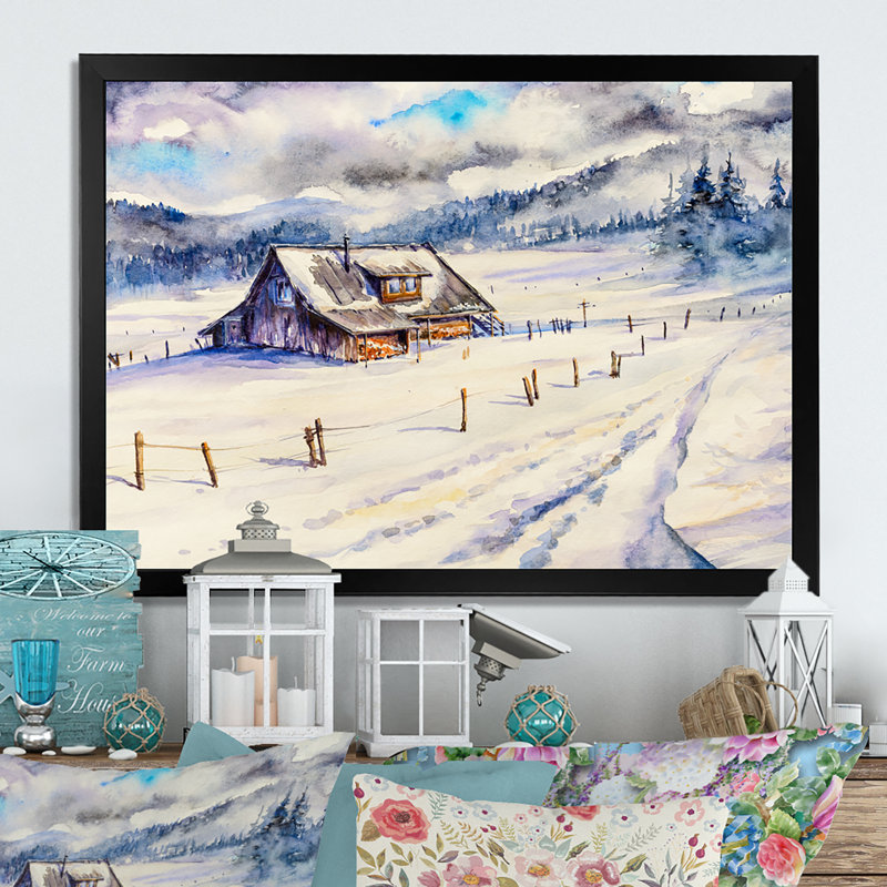 Winter Mountain House Landscape - reproduction de cadre photo sur toile, Cadre photo noir, H 8 po x l 12 po x P 1 po