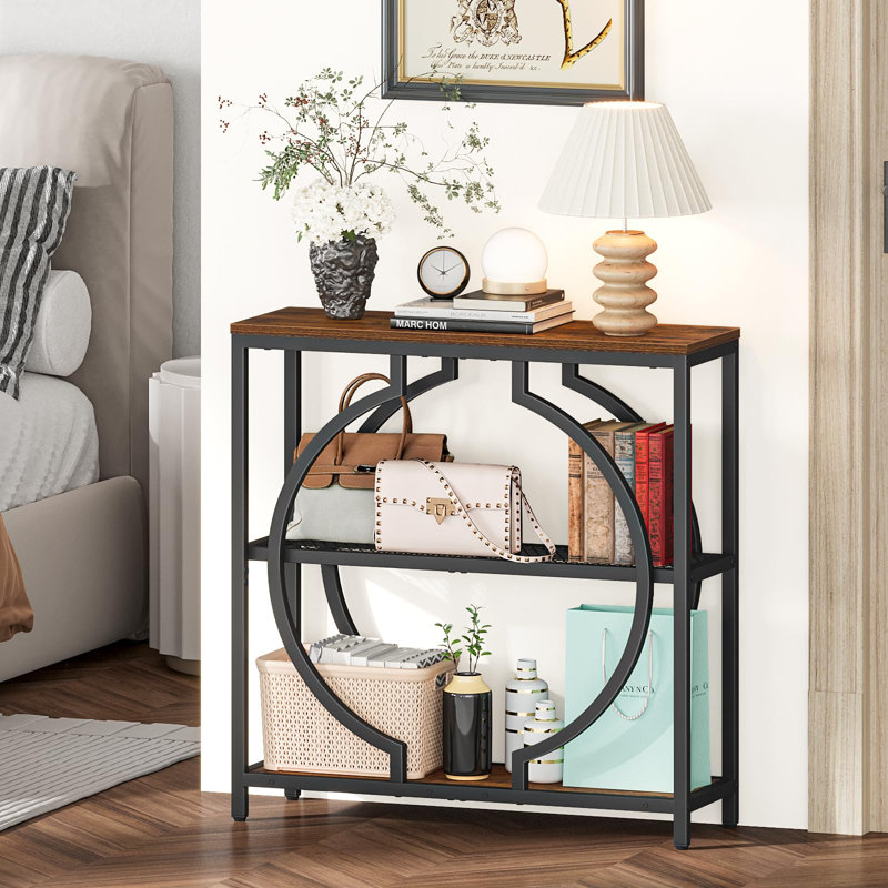 Table d'entrée avec tablettes de rangement à 3 niveaux, table de console industrielle à console étroite avec base circulaire, table d'entrée derrière le canapé pour le couloir, le salon, le vestibule