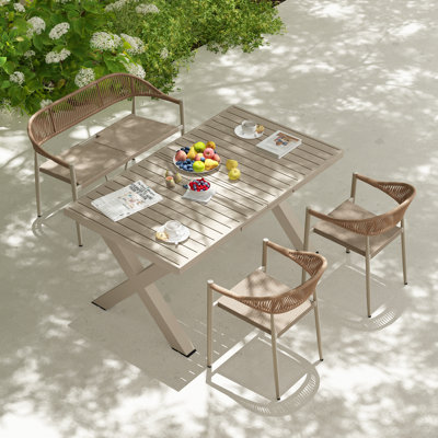 HDPE Rattan Outdoor Dining Set Include Loveseat & Stacking Chairs & 1 Extendable Table For Balcony Terrace Poolside Garden Patio Porch