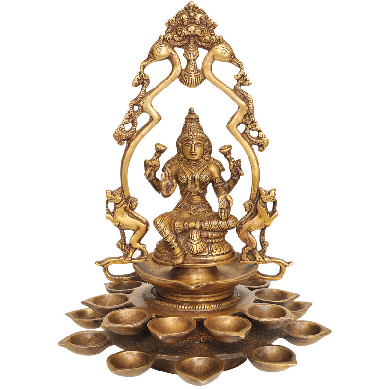 12-Inch Handmade Brass Goddess Lakshmi Deepa Statue with Multiple Oil Diyas - Traditional Indian Candelabra Lamp for Home Mandir, Diwali Decor & Spiritual Gifts