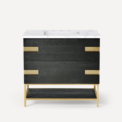 Meuble-lavabo en chêne noir mat 36 po avec plateau en quartz