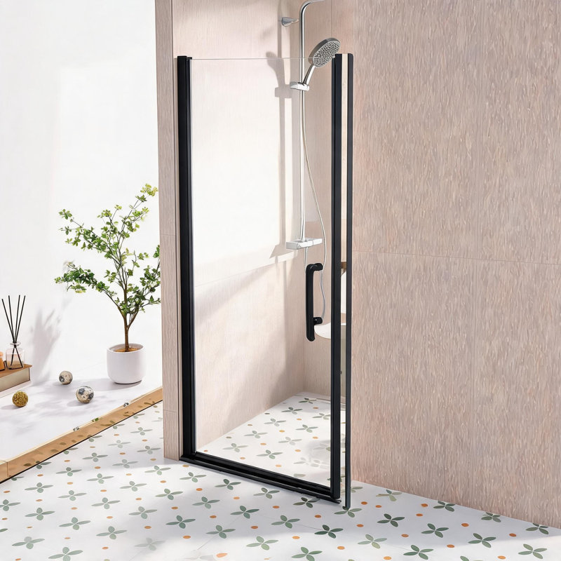 Porte de douche pivotante à un seul vantail en alliage d'aluminium noir mat de 81 à 86 cm (32 à 34 pouces) avec verre trempé transparent de 0 cm (0 pouce) d'épaisseur