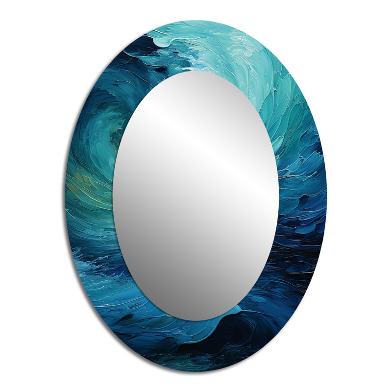 Aqua Blue And White Serenity Swirl II - Large Oval Wall Mirror On Metal, 40" x 30"