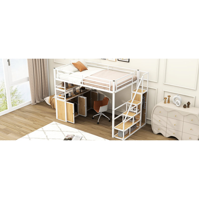 Lit mezzanine en métal avec rangement abondant: escalier, garde-robe, tablettes, casiers en blanc. Gain de place pour différentes pièces. Structure stable. Facile à installer Caractéristiques de rangement pleine grandeur: Idéal limitée