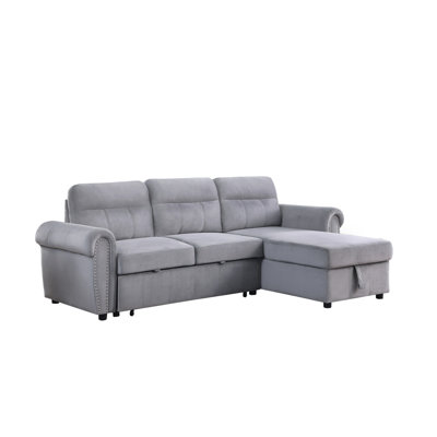 Ashton 96.5" Gray Velvet Fabric Reversible Sleeper Sectional Sofa Chaise