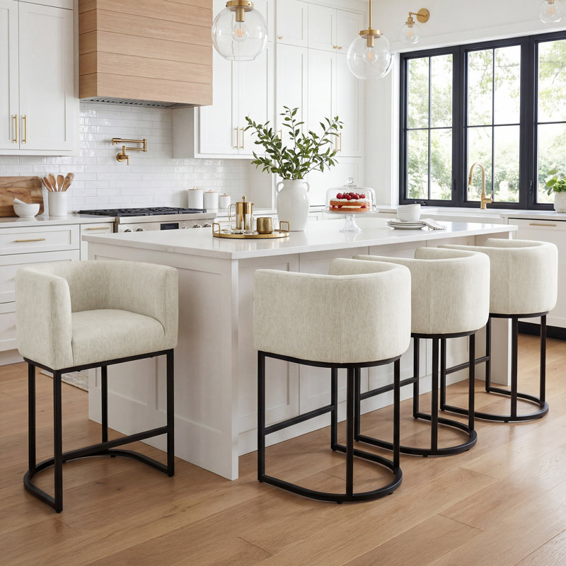 Modern Barrel Counter Stools With Backrest And Arms, Linen Fabric Upholstered Accent Barstools For Kitchen Island, 4, Beige