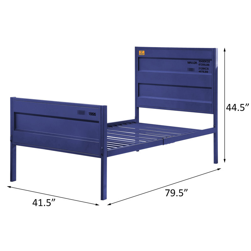 Lit simple bleu à structure métallique avec profil bas pour plateforme confortable et tête de lit contemporaine