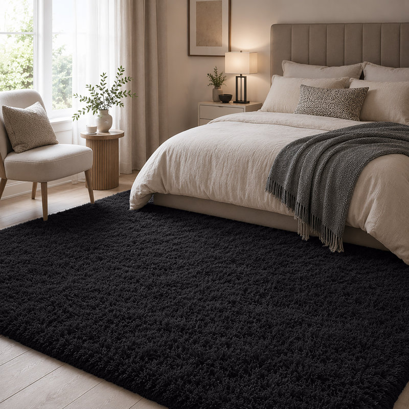 Luxury Plush Shaggy Area Rug & Runner, Soft Deep-Pile Non-Slip Living Room Carpet, Rectangle 160 x 230 cm, Black