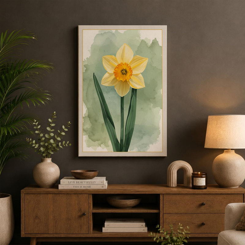 Golden Daffodil Botanical - Wrapped Canvas, Sage Border, 30x20 - 76.2 x 50.8 cm