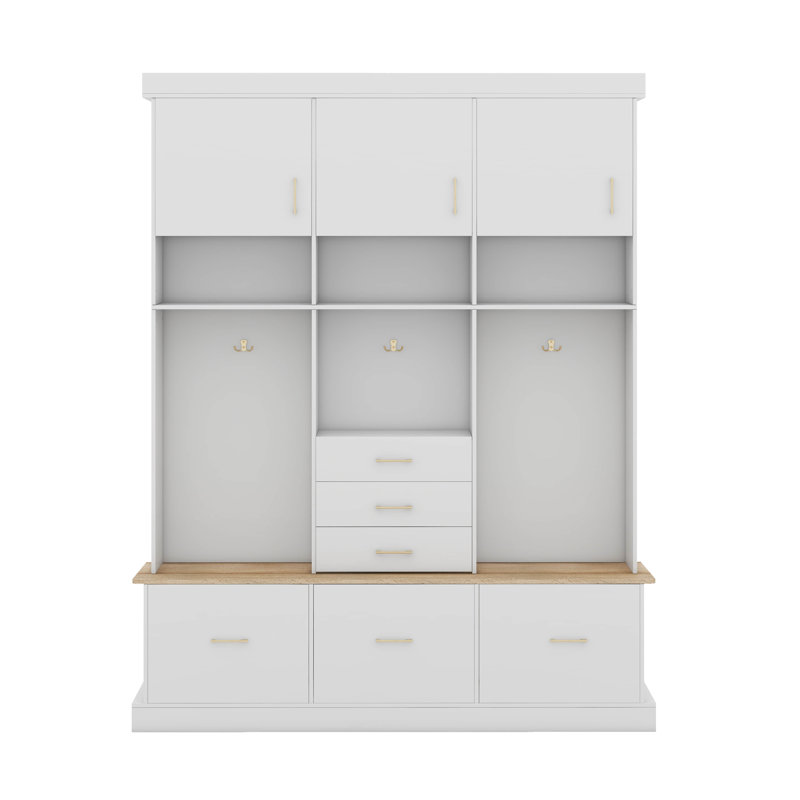 Entryway Hall Tree With Bench And Storage, 5-In-1 Modern Hall Tree With Coat Rack, 6 Drawers, 3 Cabinets And 3-Tier Top Storage