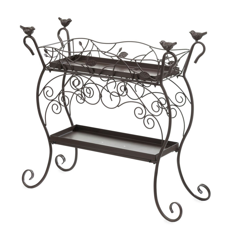 Support pour plante en fonte à deux tablettes avec oiseaux Roa