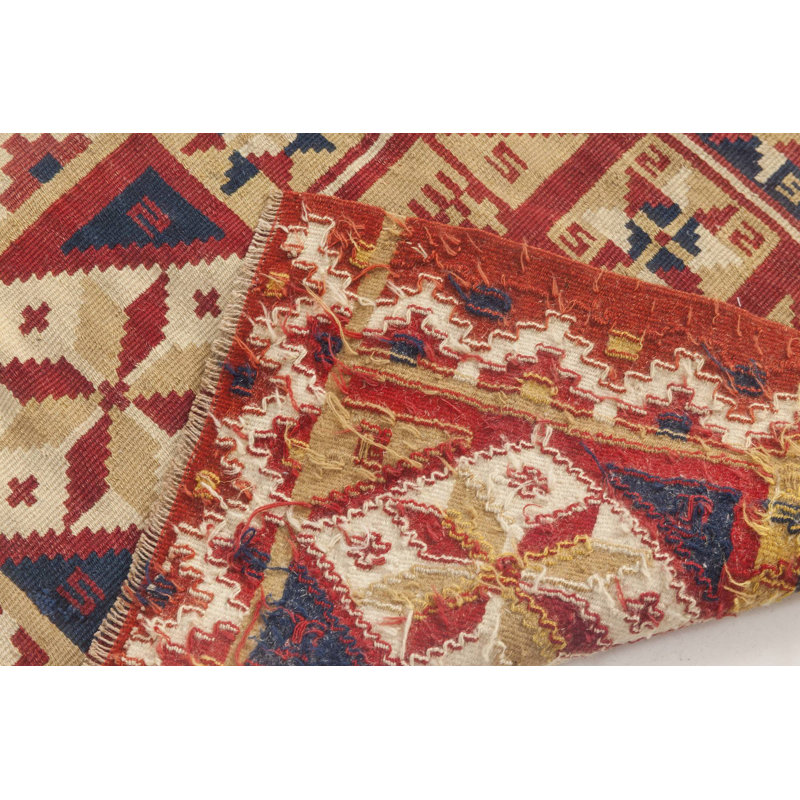 Petit tapis suédois rétro en laine à tissage plat rouge géométrique / bleu marine / beige 1 pi 10 po x 3 pi 5 po