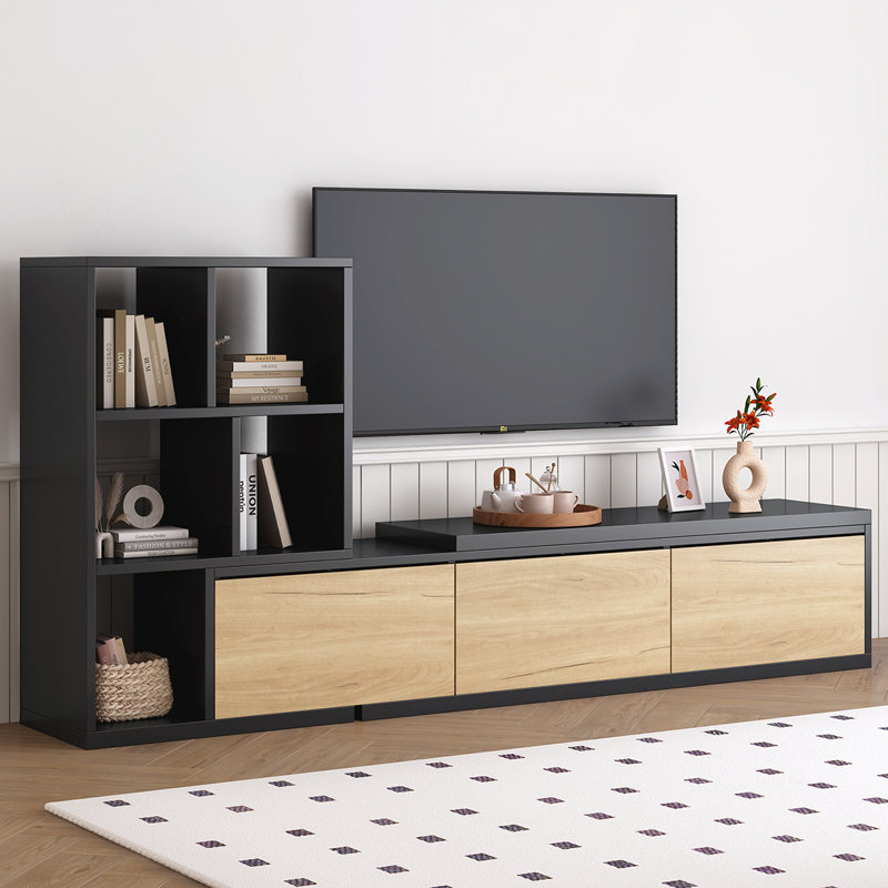 Versatile Extendable TV Stand with Multiple Shelves and Storage Cabinets for Living Room, Black