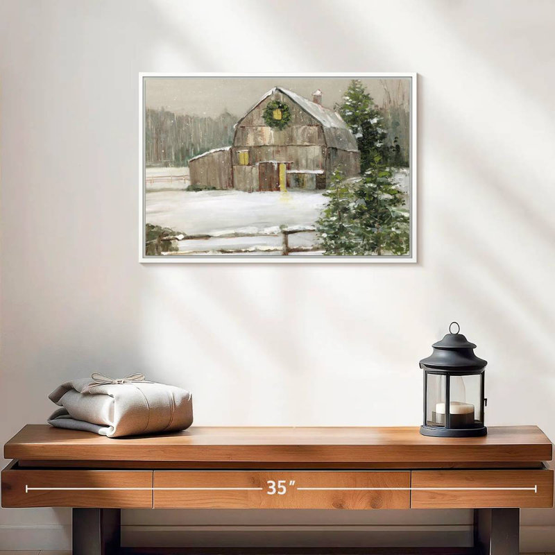 Grange enneigée, 19 po x 13 po, Cadre flottant blanc