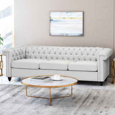 Grey Fabric 3 Seater , With Stylish Button Tufting And A Relaxed Low , 83"W X 32"D 26"H - Seater, Elegant