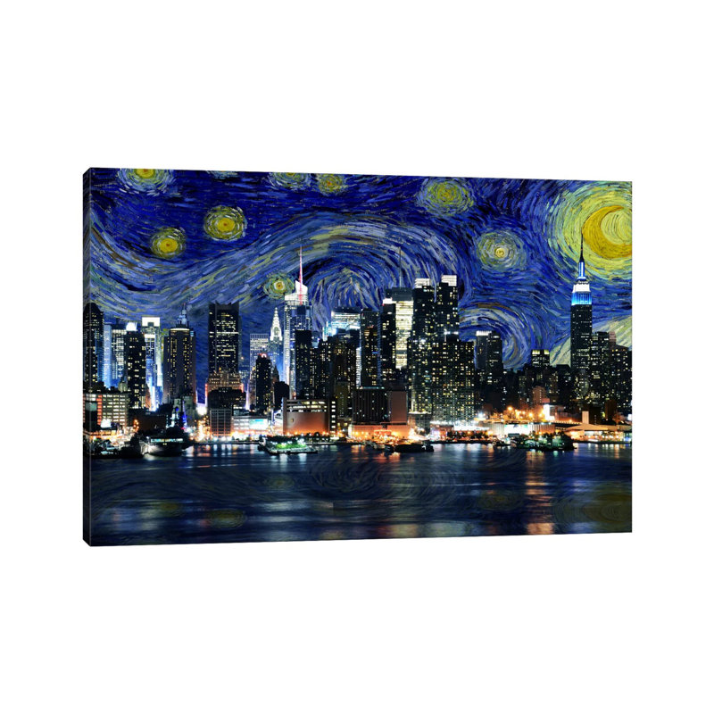 «New York City, New York Starry Night Skyline», reproduction d'impression, H 32 po x l 48 po x 1,5 po, Toile tendue