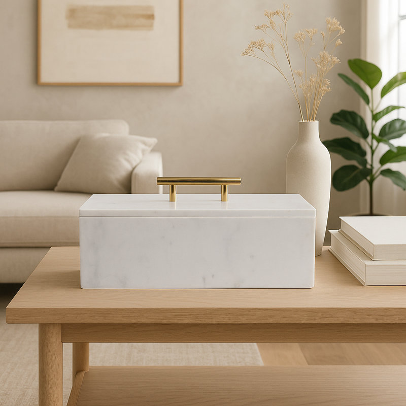 Decorative Rectangular Marble Box With Metal Handle For Home Decor - Marble Storage Organizer With Lid For Jewelry And Keepsake Decor - 16", White