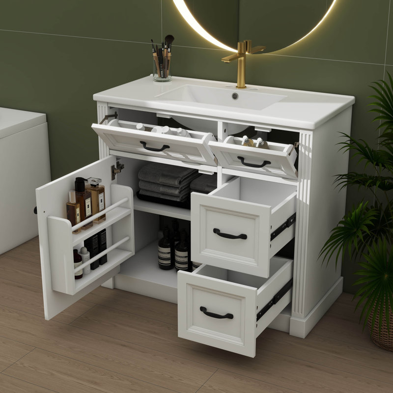 Ensemble de meuble-lavabo 36 po avec lavabo intégré, lavabo simple avec 4 tiroirs, porte à fermeture en douceur et tablette personnalisable, lavabo en céramique inclus