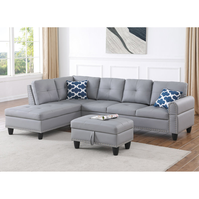 Gray Faux Leather L - Shaped Sectional With Storage Ottoman
