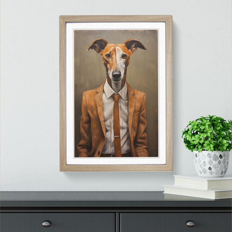 XYZ-FRM-V1223-1679 Whippet In A Suit Painting No.2 - Single Picture Frame Print on Wood, 64cm H x 46cm W x 2cm D, Oak