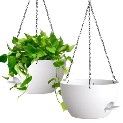 2 Pack Large Self Watering Hanging Planters, Hanging Plant Pots with Removable 50 Oz Reservoir, White