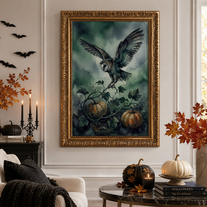 Chouette effraie volant au-dessus de citrouilles et de vignes vertes - Tableau sur toile pour l'Halloween, H 30 po x l 20 po
