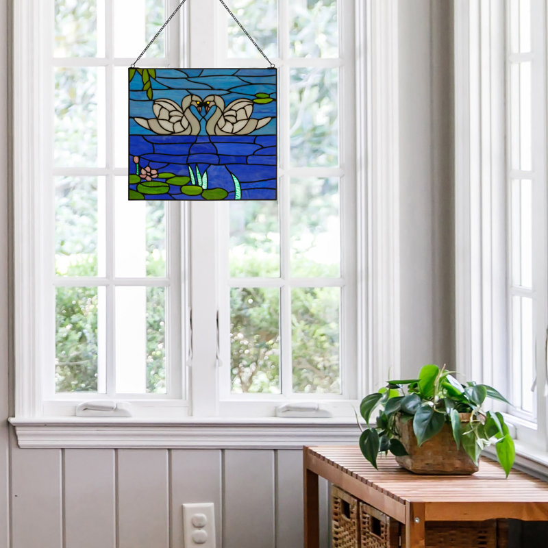 14"H Romantic Swans Stained Glass Window Panel