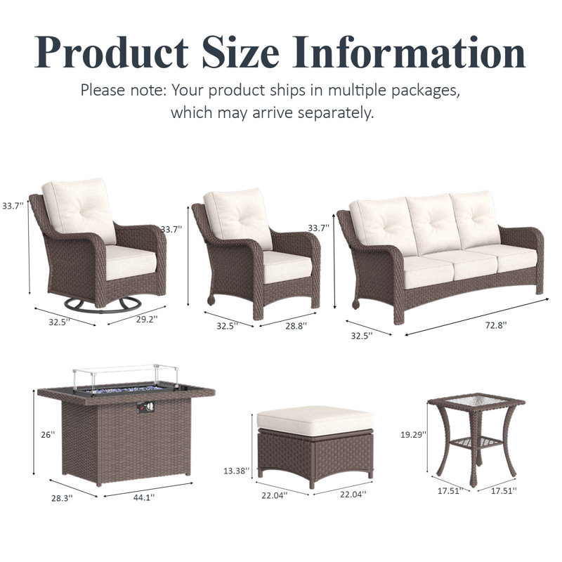  10 Piece Wicker Outdoor Furniture Set with 6-inch Comfy Cushions, High Back Patio Furniture Set with Swivel Rocking Chairs and Fire Pit Table