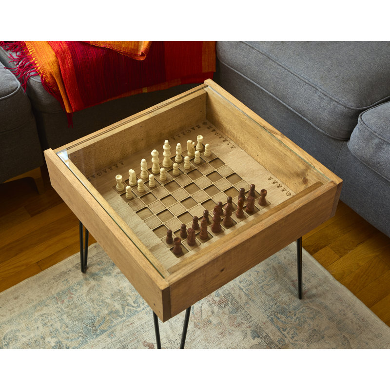 Table rustique d'échecs et de dames avec plateau en verre amovible