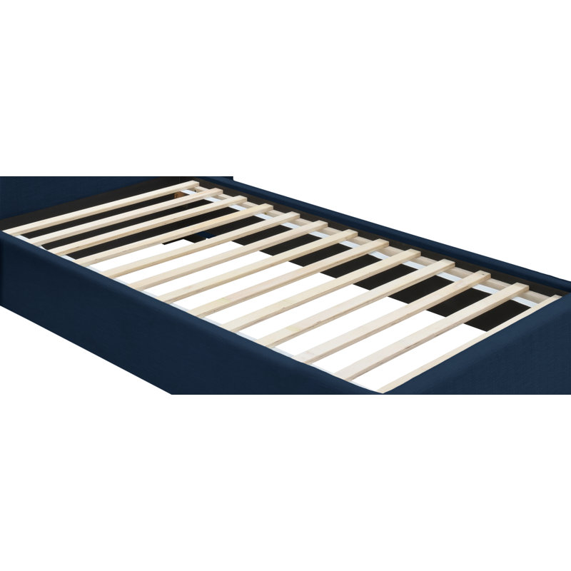Lit plateforme tapissier Pierce, Tissu texturé en lin bleu marine, Simple
