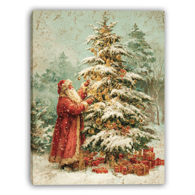 Santa Decorating Christmas Tree Wrapped Canvas Wall Art