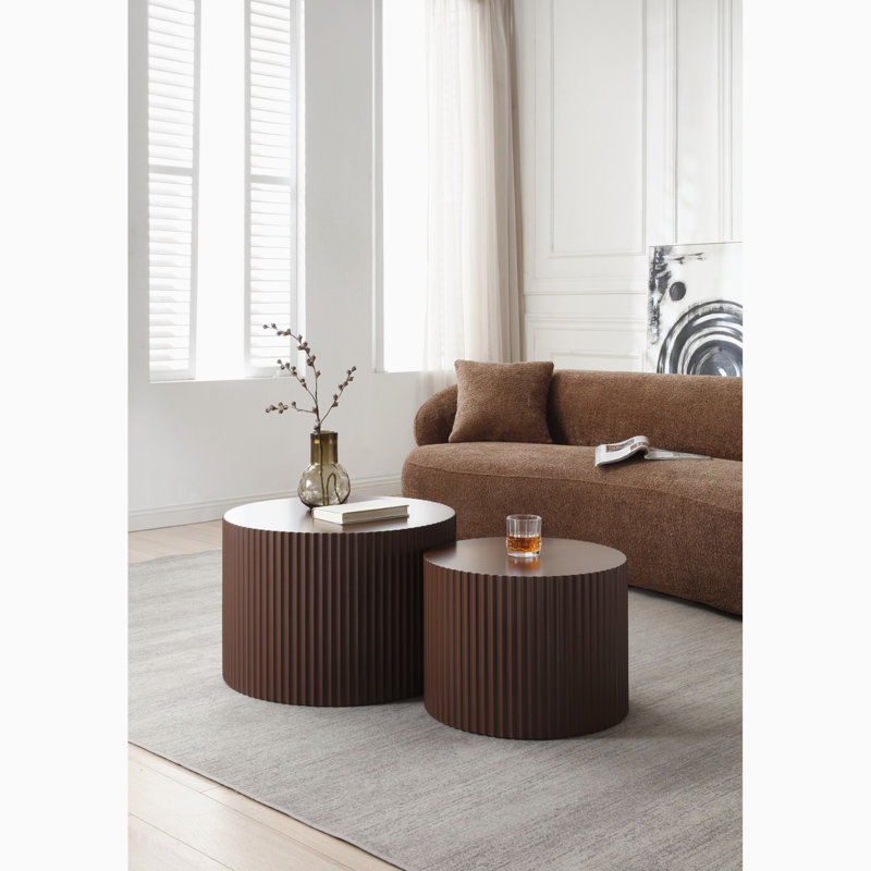 Dorismond 2 Piece Coffee Table Set MDF Nesting Table Handcraft Round Coffee Table for Living Room, Dark Brown