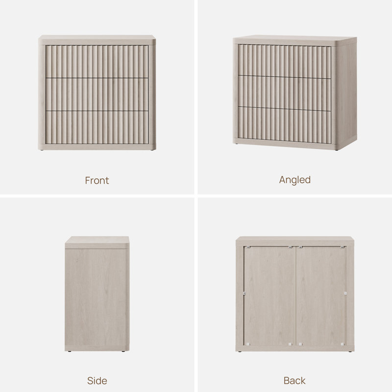  Modern Fluted Waveform Panel 3-Drawer Nightstand, White Alder