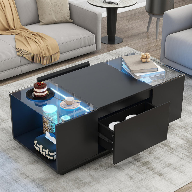 Table basse à DEL, centre de table moderne avec finition ultrabrillante et plateau en verre, table basse avec compartiment de rangement ouvert et 2 tiroirs cachés pour le salon