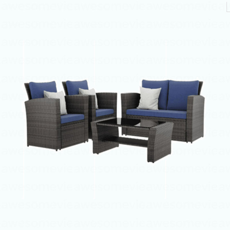 Ensemble de conversation de patio en osier 4 pièces avec table en verre et coussins bleus, Bleu
