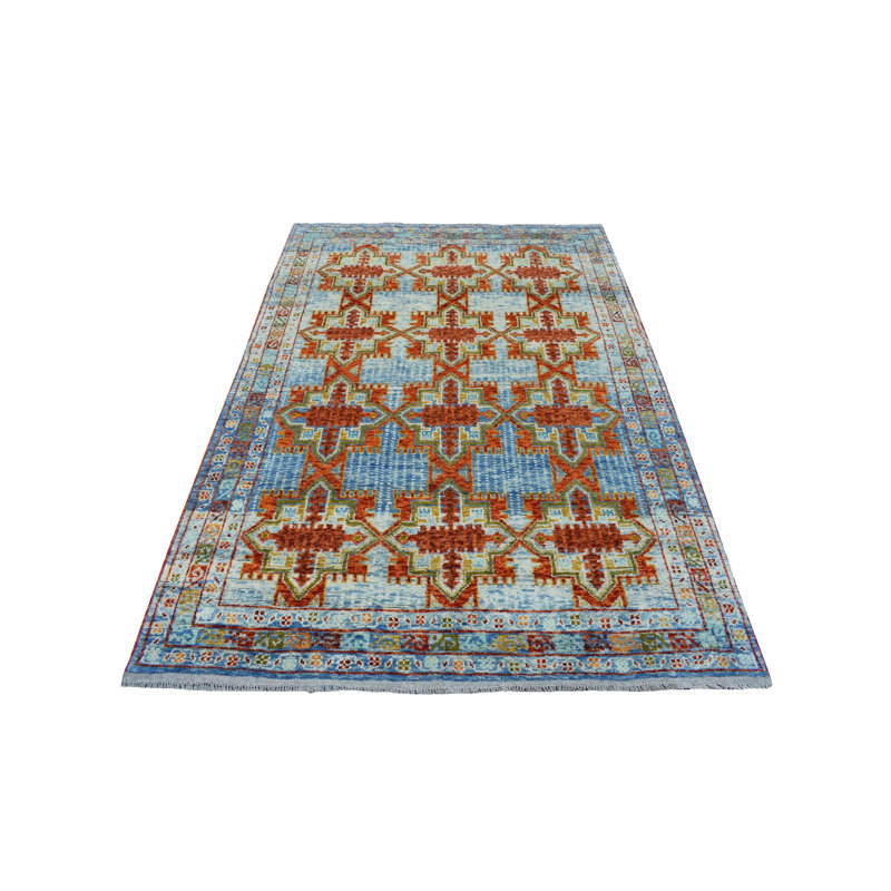 Tapis à main one-of-kind noué la orange/gris/bleu 5 pi 8 po x 7 pi en laine de 9 po
