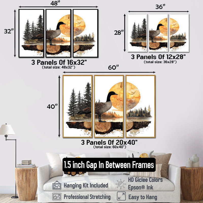 «Goose In Sunrise Forest Lake Landscape», ensemble d'art mural 3 pièces, H 32 po x l 48 po, Argent argent