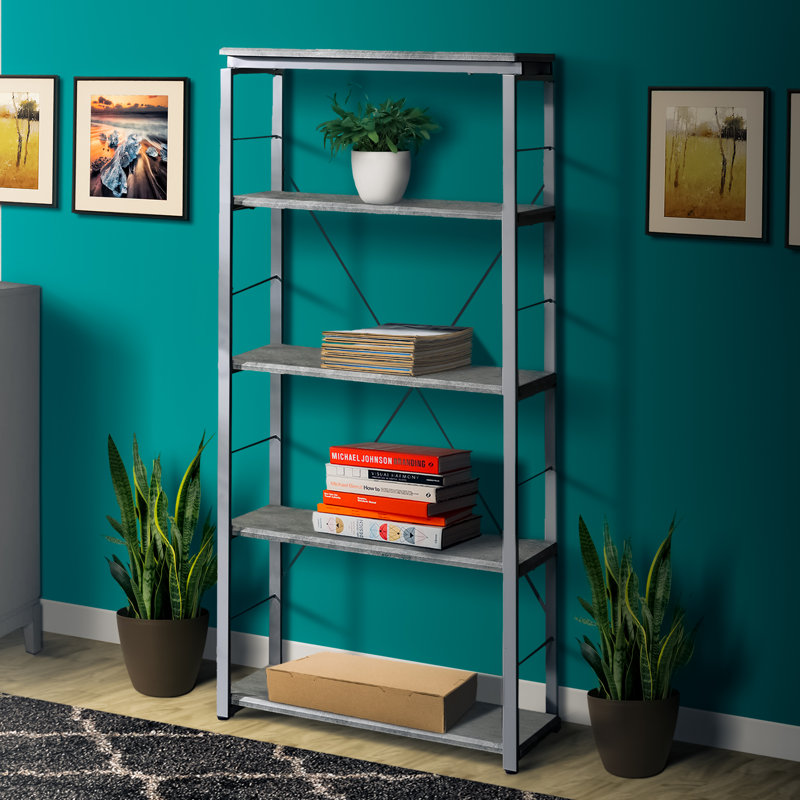 Bibliothèque étagère Jordahn, Faux béton / argent, Cinq tablettes de H 54 po x l 24 po x P 9 po