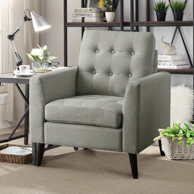 Chaise d'appoint rembourrée en lin avec accoudoirs et capitonnage pour le salon et la chambre à coucher, standard, Gris
