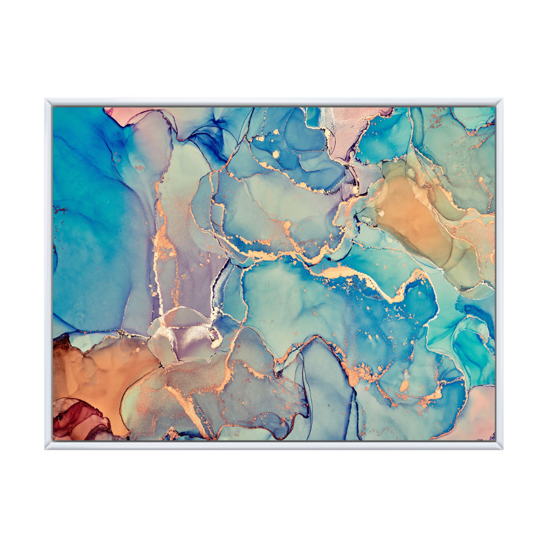 Encre liquide bleue et orange, reproduction sur toile, H 30 po x l 40 po x P 1,5 po, Cadre flottant blanc